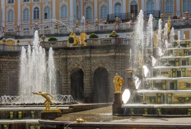 Peterhof Parkı, lüks Petrodvoretler, altın çeşmeler ve çiçeklerle dolu, güneşli bir yaz gününde St. Petersburg Rusya 'da.