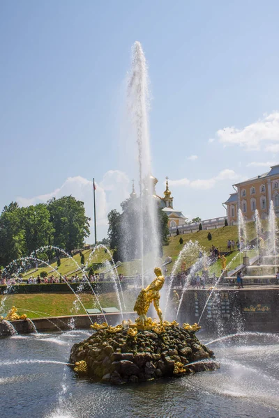 Central Fountain Main Attraction Peterhof Park Golden Statue Samson Tearing — Stock Photo, Image