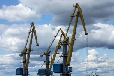 VYBORG, Leningrad REGION, RUSSIA-JULY, 19, 2021: hangarların ve bulutlu bir gökyüzünün arka planına karşı körfezdeki bir sanayi limanında yük vinçleri