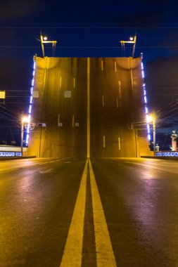 St. PETERSBURG, RUSSIA-Temmuz 2021: Neva Nehri üzerinde neon ışığı ve kara gece gökyüzüne karşı yansıyan bir açık saray köprüsü