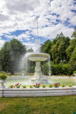 PUSHKIN, Leningrad REGION, RUSSIA-JULY, 20, 2021: bulutlu bir yaz gününde yemyeşil ağaçların arka planına su sıçratan güzel tarihi bir mermer çeşme