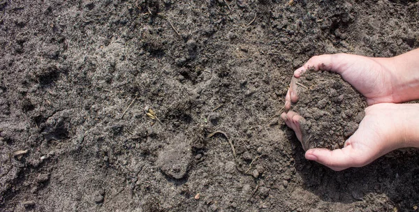 Nsan Elleri Kahverengi Toprağı Yakın Plan Avuçlarında Kopyalamak Için Yer — Stok fotoğraf