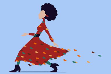 Vektör grafikleri. Güzel bir süpermodel, rengarenk yaprakları izole edilmiş şık bir elbiseyle gider. Kavram-sonbahar moda koleksiyonu