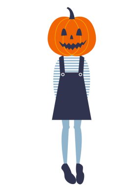 Vektör grafikleri, çizgili ceketli sevimli bir kız ve beyaz bir arka planda kafasına balkabağı takılmış bir elbise. Kavram kutlaması Cadılar Bayramı