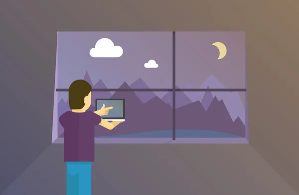 Frilansande arbetande pojke nära fönstret — Stock vektor