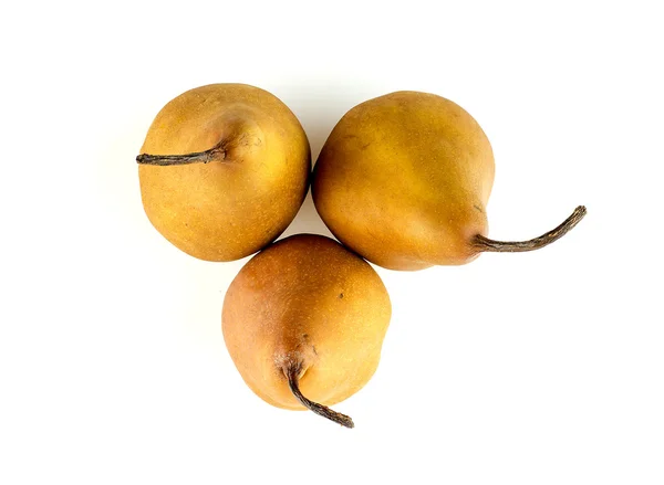 Overhead shot of brown skinned pears isolated on white — Stock Photo, Image