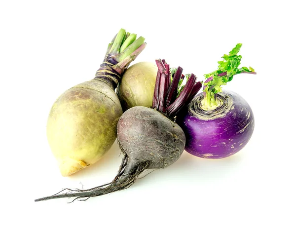 Montón de verduras de raíz remolacha, nabos suecos y vuelta blanca — Foto de Stock