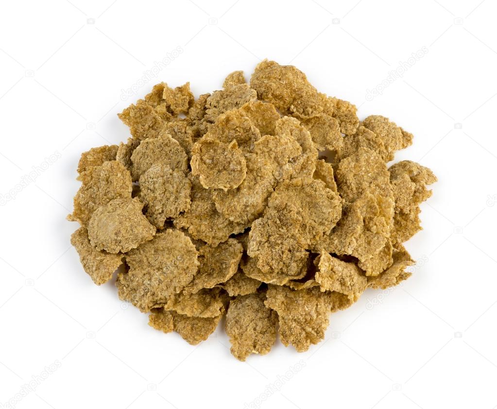 Aerial view of healthy brown bran cereal flakes isolated against