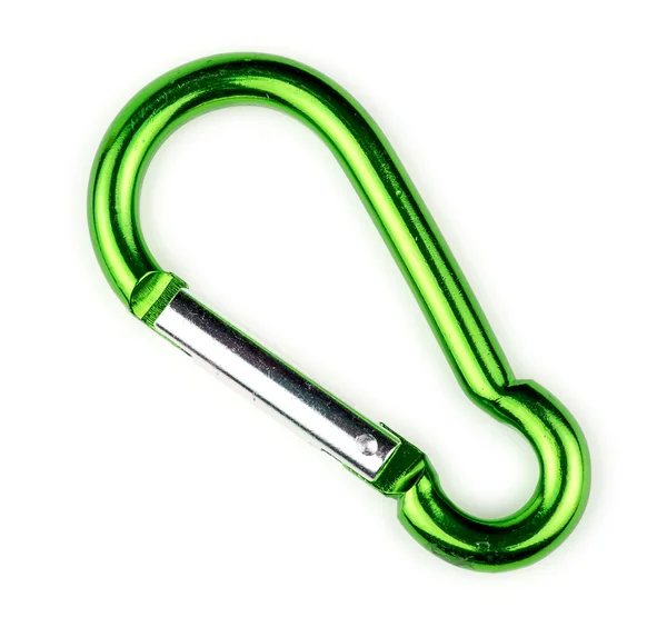 Macro of green carabiner hook with spring loaded gate — Stock Photo, Image