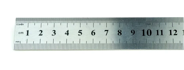 Primer plano de la regla de acero métrico aislado en blanco —  Fotos de Stock