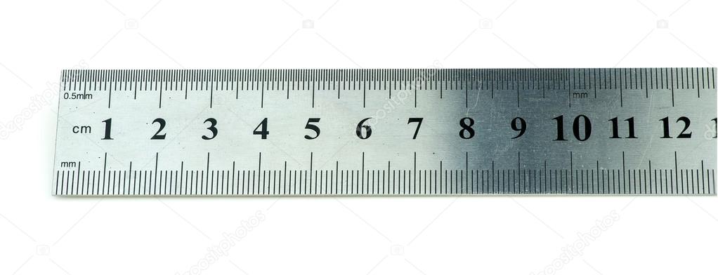 Closeup of metric steel ruler isolated on white