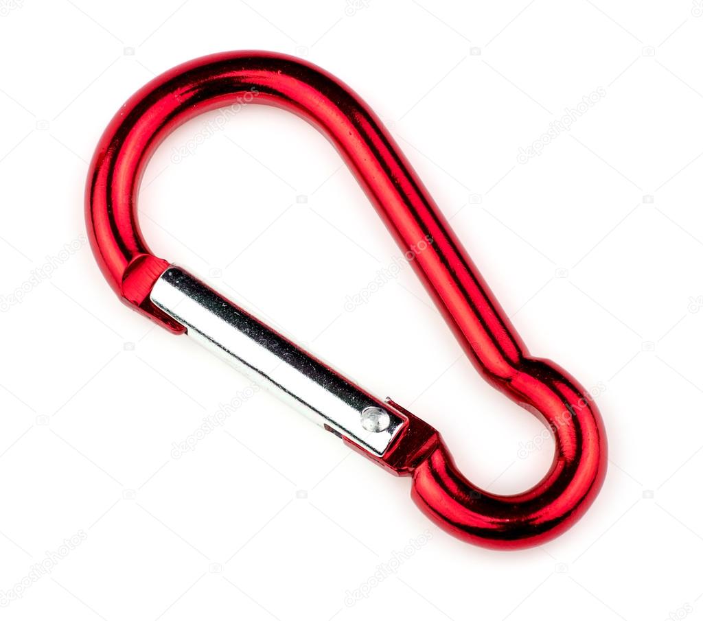 Macro of red carabiner hook for mountaineering and hiking