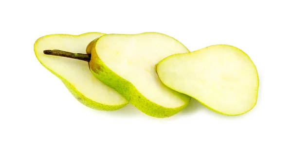 Three slices of tasty juicy green pear on white — Stock Photo, Image