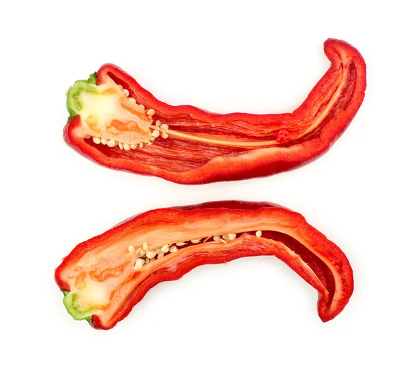 Macro closeup of spicy red chili pepper cut in half — Stock Photo, Image
