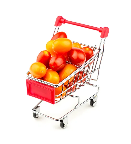 Shopping cart with massive multicolored grape tomatoes — Stock Photo, Image