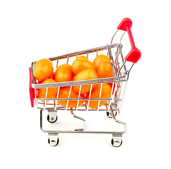 Side view of orange grape tomatoes in shopping cart — Stock Photo, Image