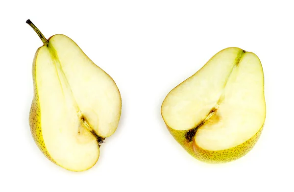 Inside of soft, tasty and juicy pear, halved, isolated on white — Stock Photo, Image