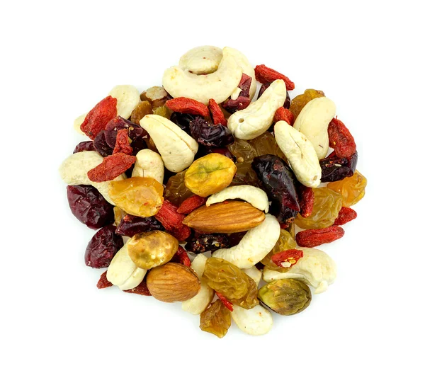 Luchtfoto van gezonde gemengde vruchten en noten snack — Stockfoto