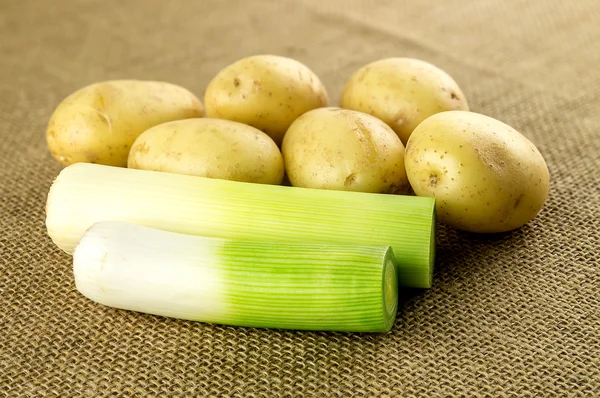 Macro closeup of variety of white potatoes and fresh organic lee — Stock Photo, Image