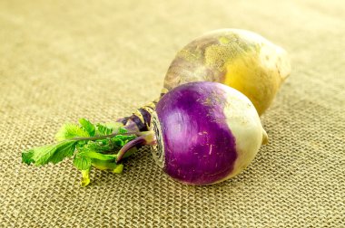 Closeup of purple and white turnip infront of rutabaga clipart