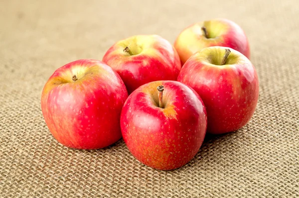 Grupp av ljusa apple frukter på säckväv — Stockfoto