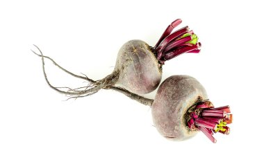 Two beetroot bulbs with long stringy roots clipart