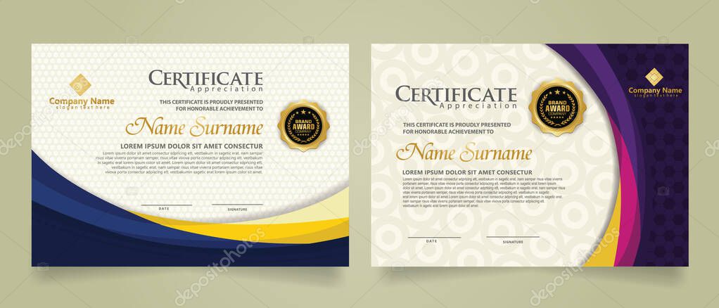 Set modern certificate template with futuristic and elegant color wave shape on the ornament and modern pattern background. size A4. vector illustrations