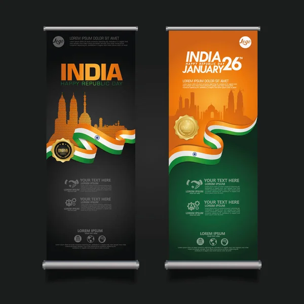 Set Roll Banner India Feliz Plantilla Fondo Del Día República — Archivo Imágenes Vectoriales