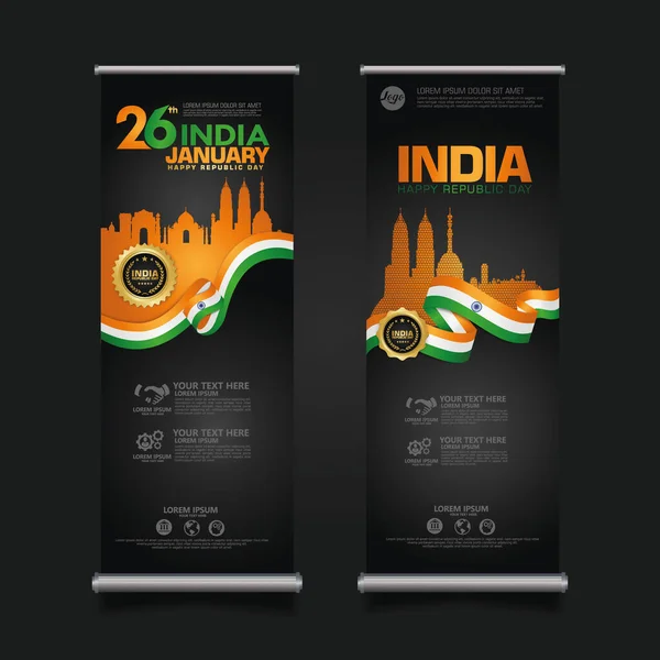 Set Roll Banner India Feliz Plantilla Fondo Del Día República — Archivo Imágenes Vectoriales