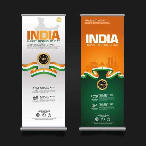 Set Roll Banner India Feliz Plantilla Fondo Del Día República — Archivo Imágenes Vectoriales