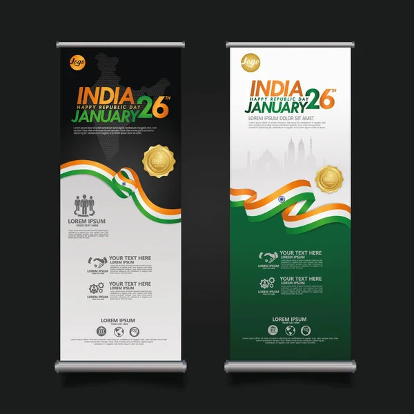 Set Roll Banner India Feliz Plantilla Fondo Del Día República — Archivo Imágenes Vectoriales