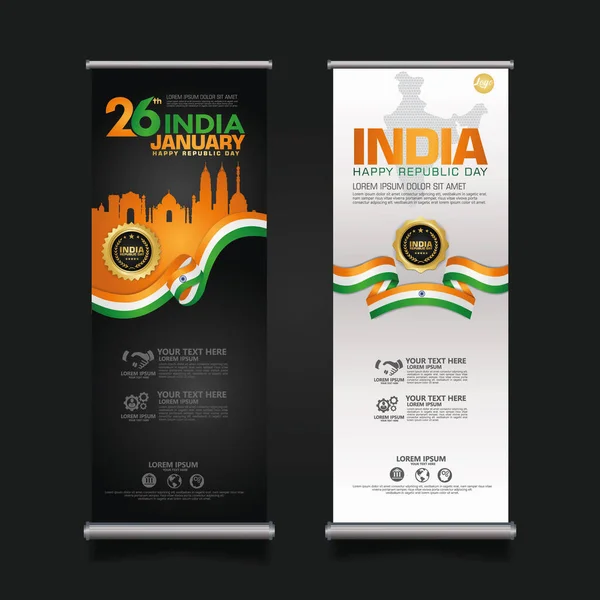 Set Roll Banner India Feliz Plantilla Fondo Del Día República — Archivo Imágenes Vectoriales