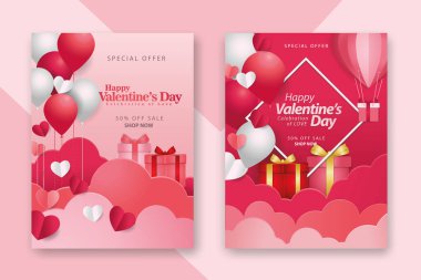 Arkaplanda 3D kırmızı ve pembe kağıt kalpler ve çerçeve olan Sevgililer Günü konsepti posterleri. Sevimli aşk sancakları ya da tebrik kartları. vektör çizimleri