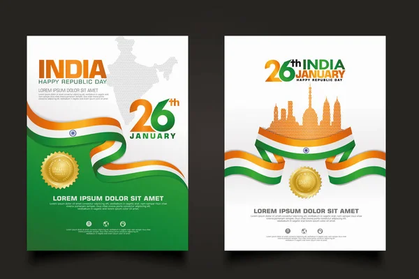 Conjunto Cartaz Índia Feliz Modelo Fundo Dia República Com Bandeira — Vetor de Stock