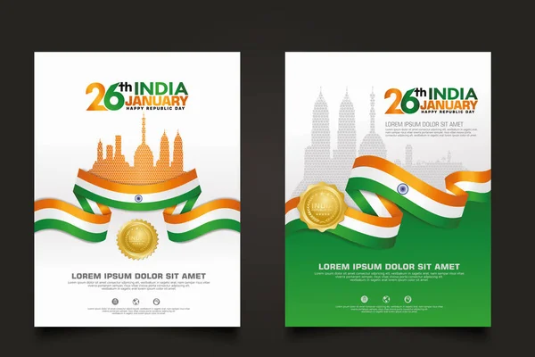 集海报印度快乐共和国日背景模板与优雅的丝带状的旗帜 金圆丝带和轮廓印度城市 病媒说明 — 图库矢量图片