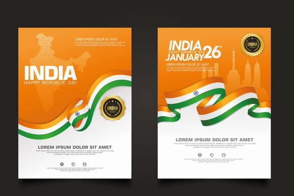 ポスターを設定インド幸せな共和国エレガントなリボン状の旗 金の円リボンとシルエットインドの都市と日の背景テンプレート ベクターイラスト — ストックベクタ