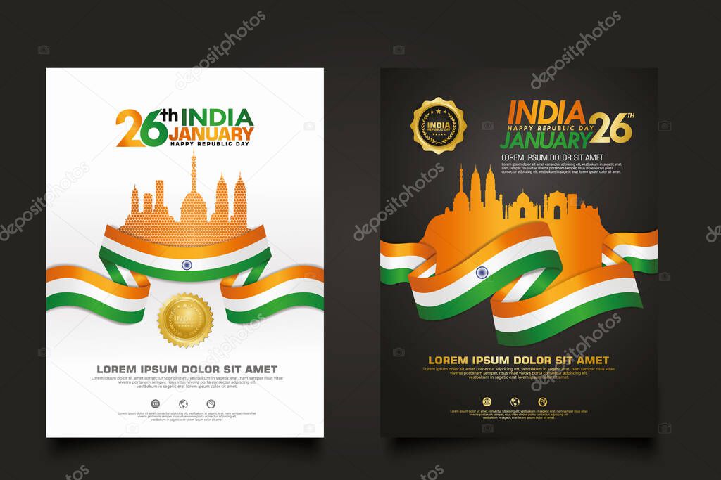 set poster India happy Republic Day background template with elegant ribbon-shaped flag, gold circle ribbon and silhouette india city. vector illustrations