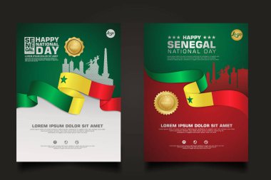 Senegal mutlu bir Cumhuriyet Günü şablonu, zarif kurdele şekilli bayrak, altın halka kurdele ve siluet senegal şehir. vektör çizimleri