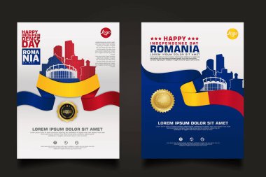 Romanya 'nın Bağımsızlık Günü arkaplan şablonunu fütüristik kurdele şekilli bayrak, altın halka kurdele ve silüet Romanya kentiyle destekleyin. vektör çizimleri