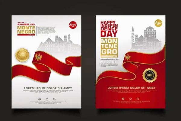 Karadağ 'ın Mutlu Bağımsızlık Günü arkaplan şablonlarını zarif kurdele şekilli bayrak, altın halka kurdele ve Karadağ' ın silueti ile süsleyin. vektör çizimleri