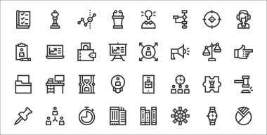 32 yönetim seti ince taslak simge gibi pasta şeması, tekerlek, ofis binası, pin, strateji, kum saat, el, yönetici, dizüstü bilgisayar