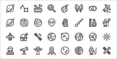 Uydu, Dünya, İniş Aracı, Astronot, Miğfer, Uydu, Astronot, Eldiven, Güneş Sistemi gibi 32 adet ince çizgi simgesi