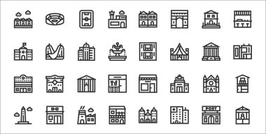 32 şehir binası seti. Büfe, hastane, ev, dikilitaş, katedral, belediye binası, modern ev, zemin, modern ev gibi ince taslak simgeler.