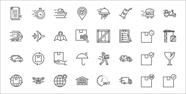 32 lojistik ve sevkiyat ikonu, iyi kalite, kargo kamyonu, depo, dünya çapında, koruma, gönderme, vinç, kargo kutusu, uçak gibi.