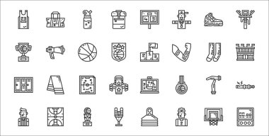 Zamanlayıcı, saç bandı, antrenman, hakem, mola, taktik, stadyum, podyum, megafon gibi 32 basketbol ince taslak ikonu seti