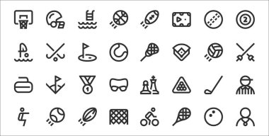 Atletizm, squash, futbol golü, squats, golf kulübü, birincilik, eskrim, lakros, çim hokeyi gibi 32 spor ince taslak ikonu.