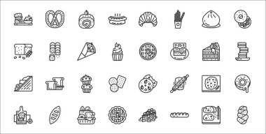 32 Ağustos fırınından oluşan ince taslak simgeler. Challah, baget, turta, naan, Focaccia, muffin, badem, waffle, roll gibi.