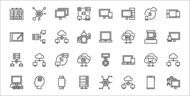32 bilgisayar seti ve robotik kol, ağ, sunucu, bilgisayar, bulut hesaplama, senkronizasyon, hack, laptop, bilgisayar ağları gibi ağ ana hatları simgeleri