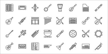 set of 32 music instruments thin outline icons such as trumpet, bassoon, keytar, ukulele, erhu, melodica, violin, cello, oboe clipart
