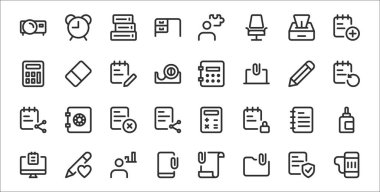 32 çalışma ofisi İnce taslak simge seti bira kupası, klasör, akıllı telefon, notlar, defter, kağıt, defter, kasa, silgi gibi